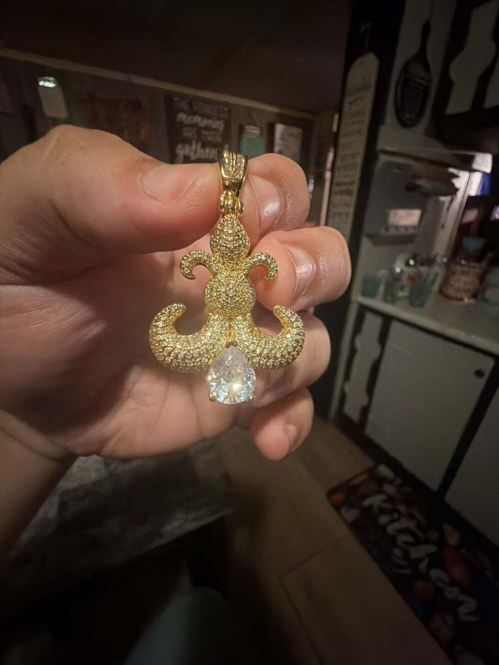 Gold Tone Fleur-de-Lis Pendant with Teardrop Cubic Zirconia. Brand new